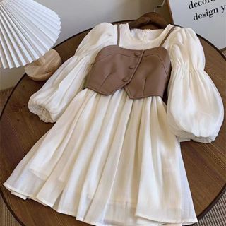 兒童洋裝 兒童公主裙 兒童長袖連衣裙 女童連衣裙 馬甲連衣裙兩件套 復古PU皮馬甲連衣裙 兒童泡泡袖連衣裙【聚可愛童裝】