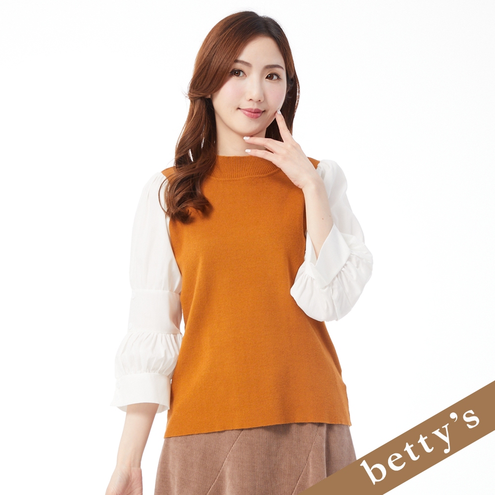 betty’s貝蒂思(25)高領拼接泡泡袖針織上衣(駝色)