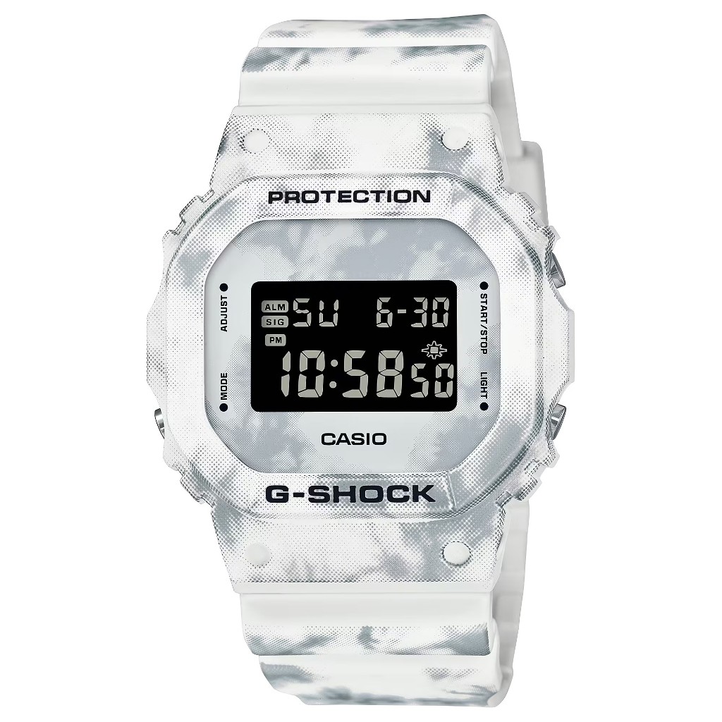 【CASIO】卡西歐 G-SHOCK 冰凍森林系列 冰霜質感 200米防水 雙顯運動錶 DW-5600GC-7 迷彩白