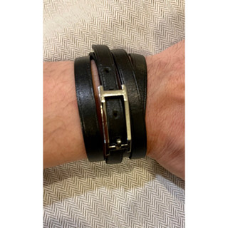 2手Hermès 愛馬仕黑色皮革銀扣繞圈項鍊手環