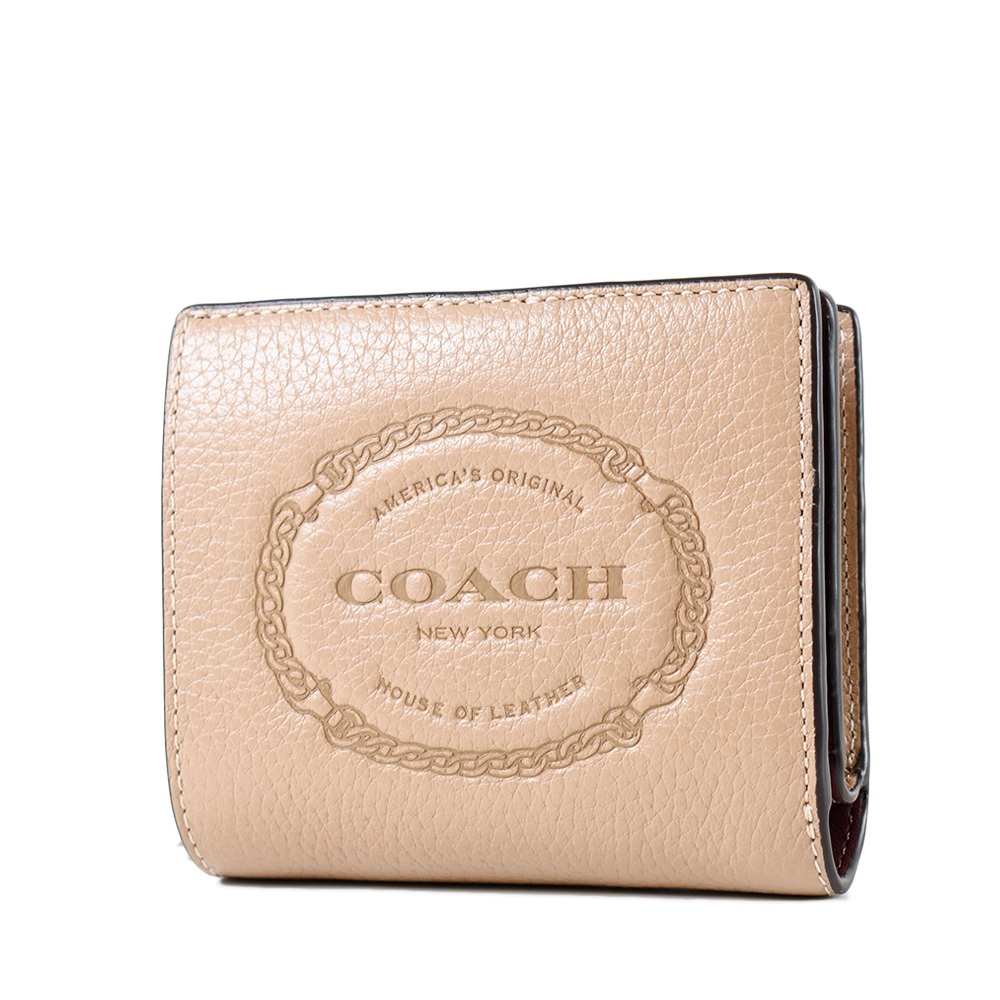 COACH 浮雕LOGO荔枝紋對開釦式短夾-奶茶色【美國正品 現貨】