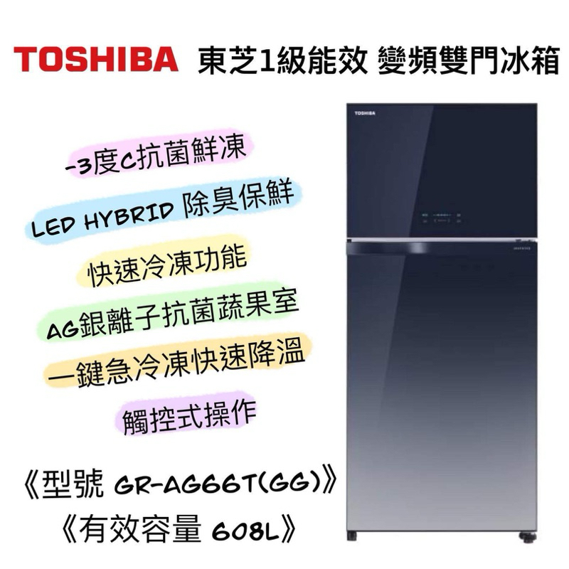 {快速出貨} Toshiba 東芝 GR-AG66T(GG) 608公升 變頻極光鏡面雙門冰箱 電冰箱