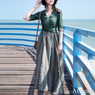 ACheter 漢服改良連身裙復古文藝棉麻短袖減齡氣質顯瘦長裙洋裝#119059