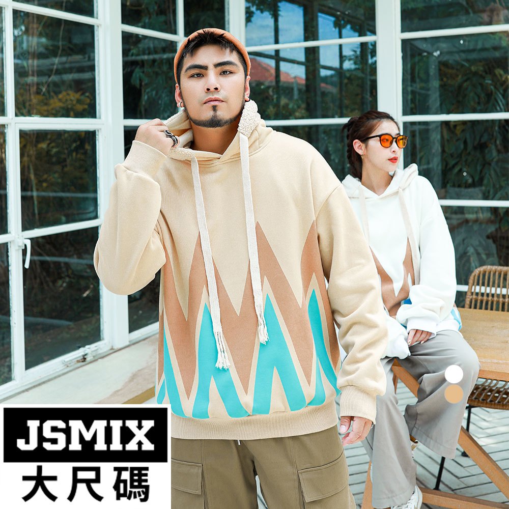 JSMIX大尺碼服飾-大尺碼內刷毛幾何圖騰連帽T恤(共2色)【34JW8366】