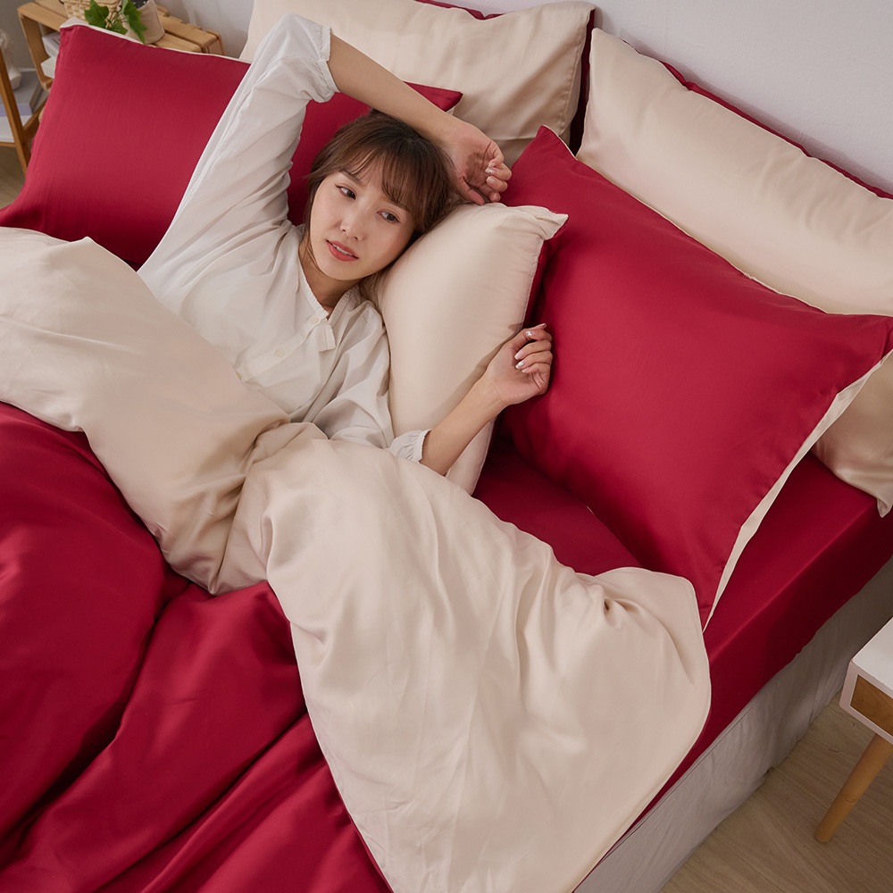 戀家小舖 台灣製床包 雙人床包 薄被套 床單 楓葉紅 100%天絲 床包被套組 含枕套 60支天絲 素色