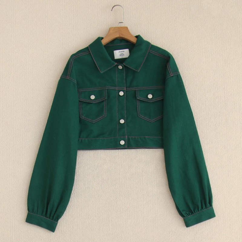 日本品牌jouetie撞色明線設計短款綠色休閒牛仔外套夾克