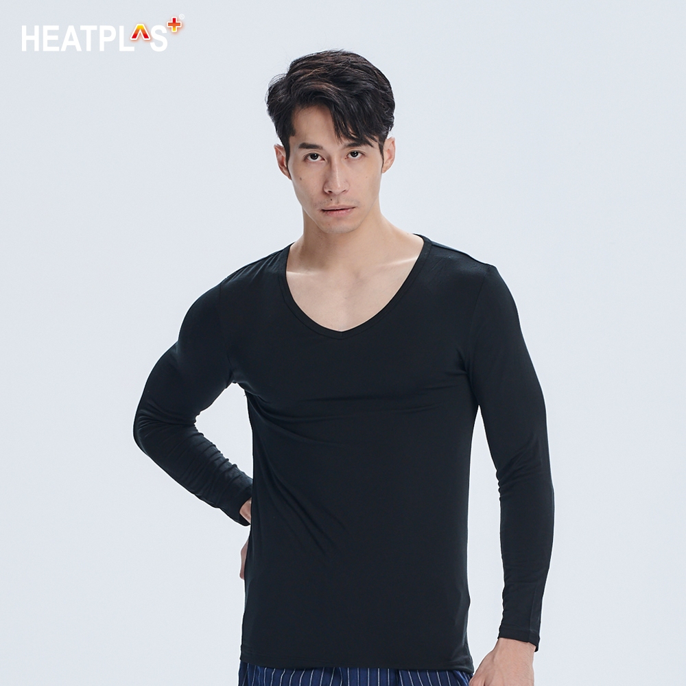 【棉花共和國品牌館】【HEATPLUS】暖男V領長袖發熱衣(極細纖維 保暖 發熱 輕薄)