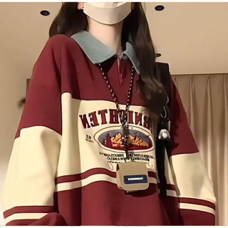 【現貨/特價清倉】秋冬女裝韓版學院風POLO領半拉鍊上衣美式寬鬆上衣大學T百搭休閒無帽衛衣薄長袖印花上衣女生長袖女生上衣