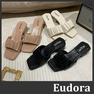 【Eudora】MIT臺灣製 雲朵拖鞋 低跟拖鞋 方頭拖鞋 抓皺拖鞋 涼拖鞋 方頭皮革抓皺一字低跟粗跟 涼鞋 拖鞋 跟鞋