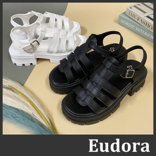 【Eudora】MIT臺灣製 羅馬厚底涼鞋 低跟涼鞋 露趾涼鞋 魔鬼氈涼鞋 皮革露趾 厚底低跟鋸齒底 涼鞋 羅馬鞋