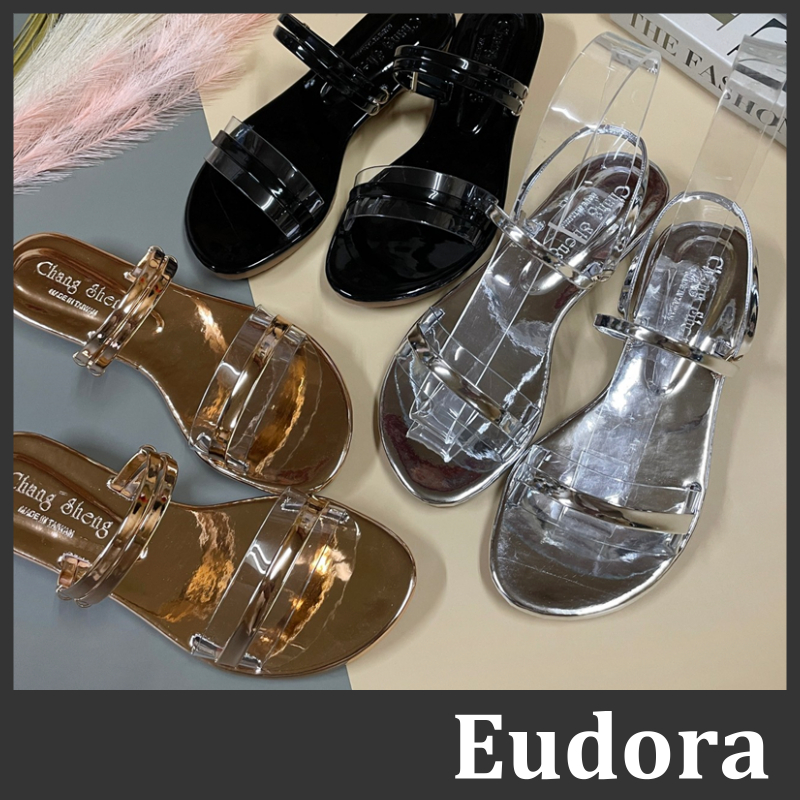 【Eudora】MIT台灣製 金屬拖鞋 平底涼鞋 涼拖鞋 平底拖鞋 涼鞋 透明 金屬一字細帶 平底低跟 拖鞋