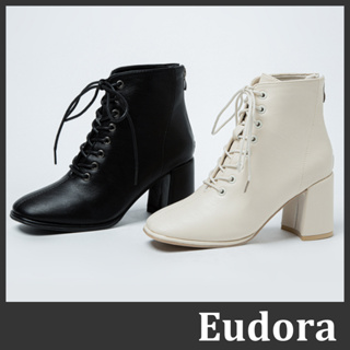 【Eudora】方頭高跟短靴 綁帶短靴 跟靴 拉鍊短靴 中筒靴 粗跟靴 皮革方頭綁帶拉鍊粗跟高根 短靴 踝靴 靴子 馬靴