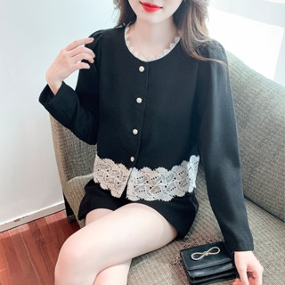 長袖 圓領上衣 休閒T恤 S-XL 新款百搭蕾絲拼接洋氣小衫法式高階感上衣NE40-8322.愛依依