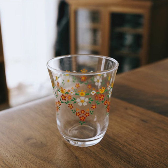日式復古小碎花玻璃杯/玻璃水杯