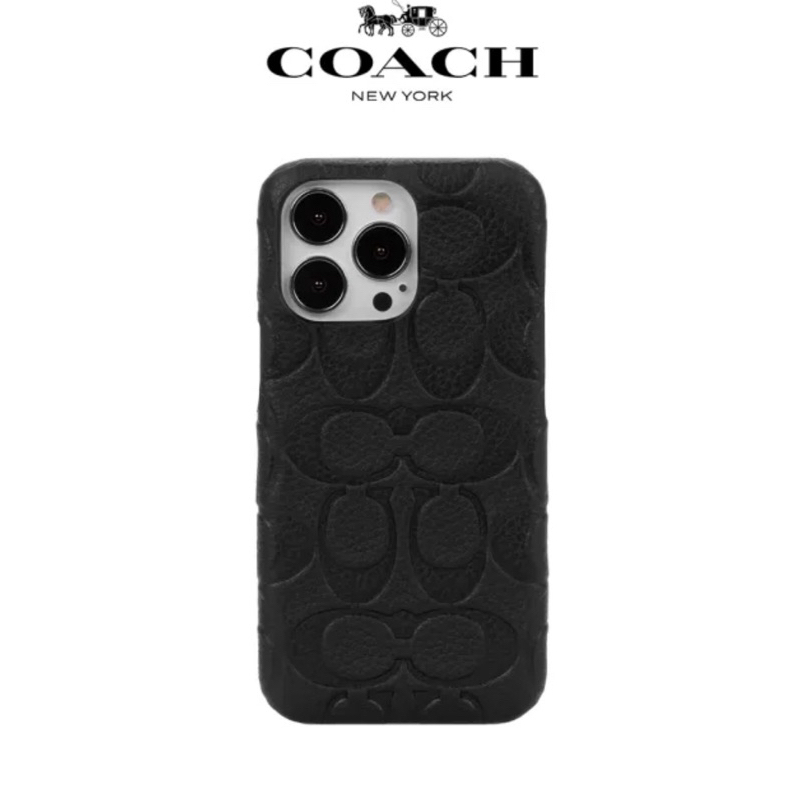 COACH iPhone 15系列手機殼 真皮黑色壓花大C
