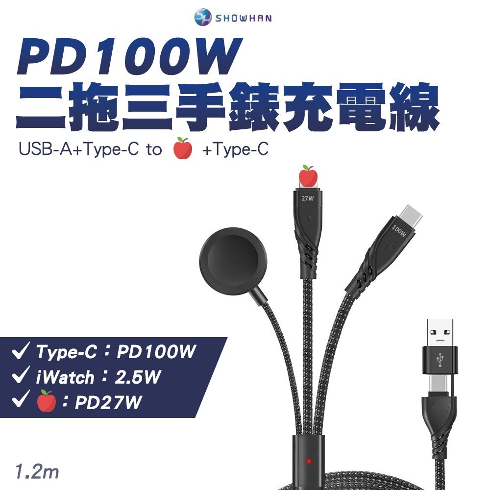 SHOWHAN PD 100W 二拖三 USB-A+Type-C to 平果+Type-C+手表充電線  一拖三