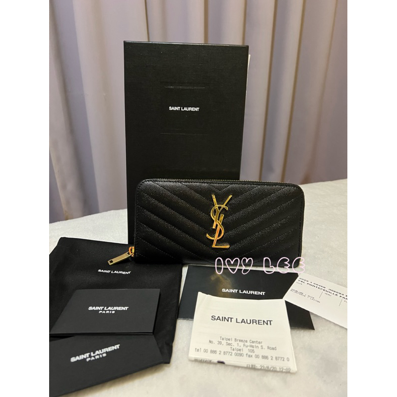 YSL Monogram魚子醬牛皮金logo經典黑ㄇ字拉鍊長夾 近新（358094-黑) 二手精品