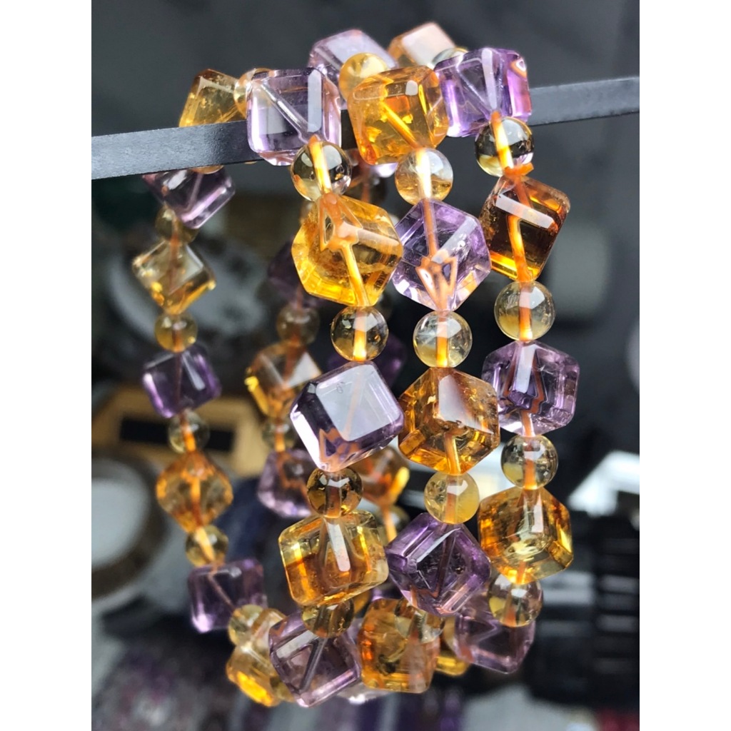 天然紫水晶 黃水晶魔方 方糖 手串 透體閃亮 手珠