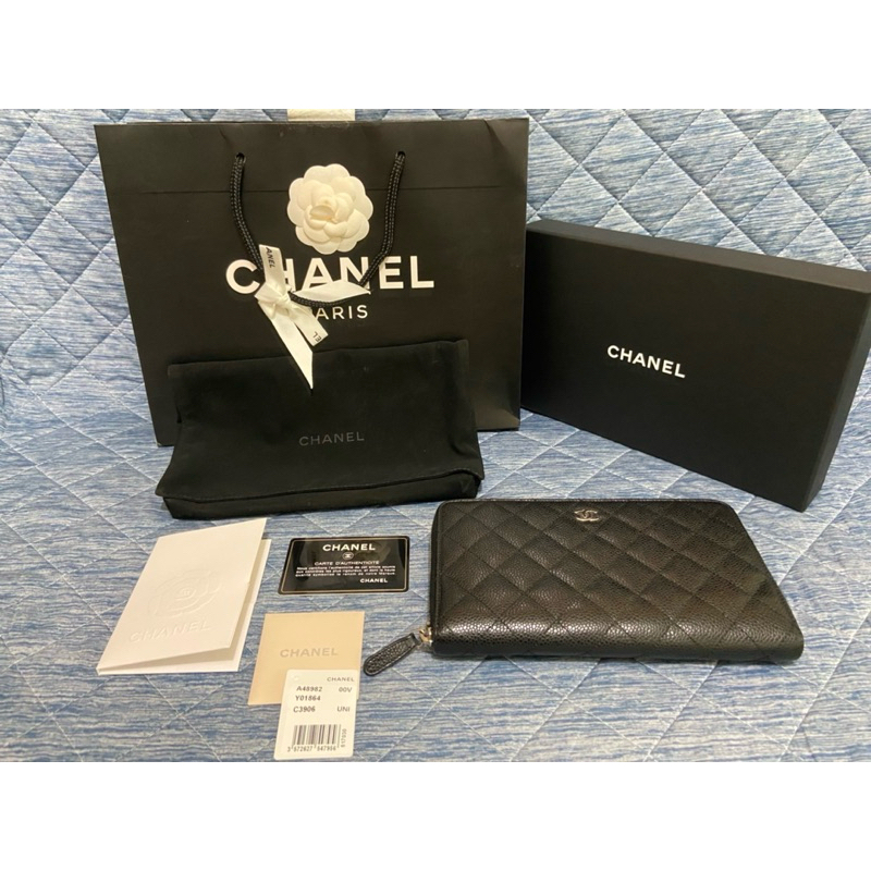 Chanel 荔枝皮黑銀護照夾 長夾 皮夾 銀色拉鍊 a48982 已絕版 賣場唯一