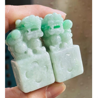天然A貨緬甸玉 細潤白底青公母貔貅翡翠印章/對印(一對) 手雕工細可愛 頭大闊嘴招財進寶一對好