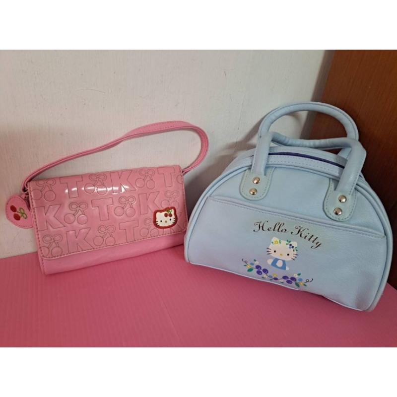 Hello Kitty 藍色 迷你手提包 可愛復古手提包 ／ 粉紅色皮夾式錢包 手提包
