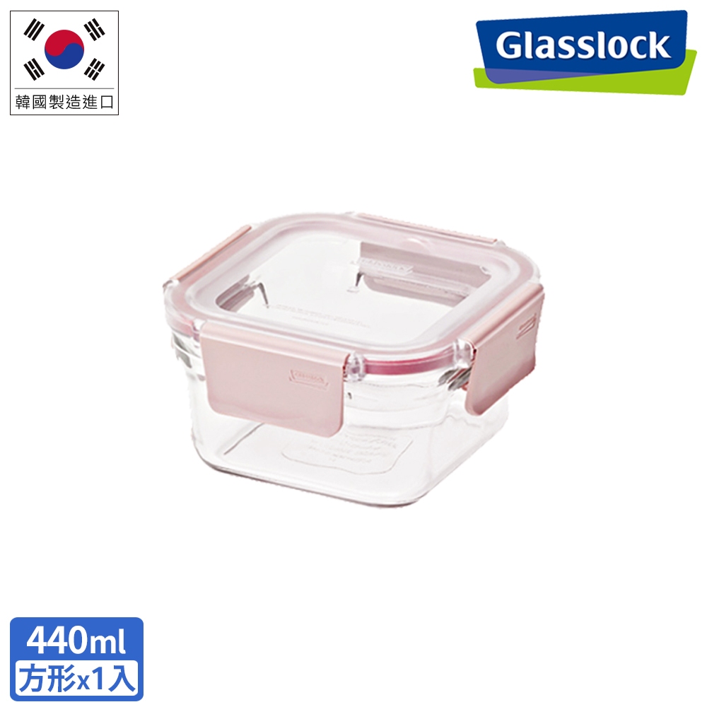 Glasslock 櫻花粉晶透上蓋強化玻璃微波烤箱兩用保鮮盒-正方形440ml