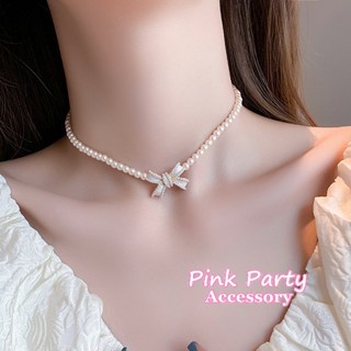 【項鍊】時尚巴洛克 白色蝴蝶結珍珠項鍊 鎖骨鍊 頸鍊 短項鍊 PinkParty❤韓系飾品 新娘秘書 新娘飾品