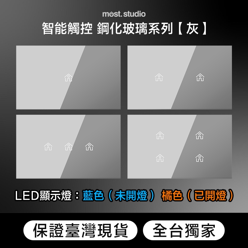 LED顯示燈 鋼化玻璃灰 智能觸控 快速出貨 台灣專用 插座開關面板 USB網路電視電話電源開關單插雙插門鈴蓋板 單開