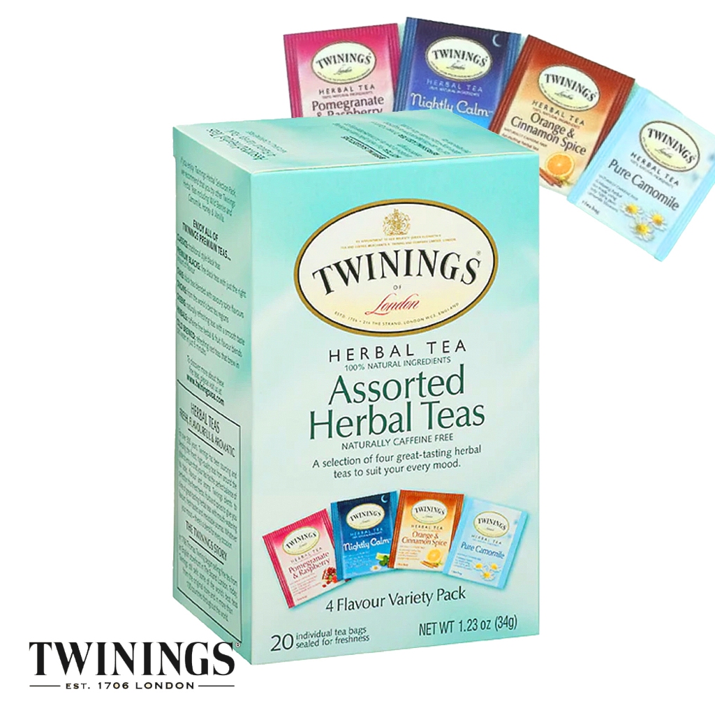 Twinings舒眠唐寧茶精選綜合4種,無咖啡因茶包,20袋裝34 克菊花香橙肉桂莓果花草草本茶,非錫蘭伯爵紅茶大吉嶺茶