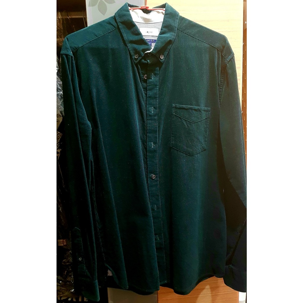 【二手】G2000 森林綠 墨綠 冬季絨紋長袖襯衫 16號 34 Smart Fit