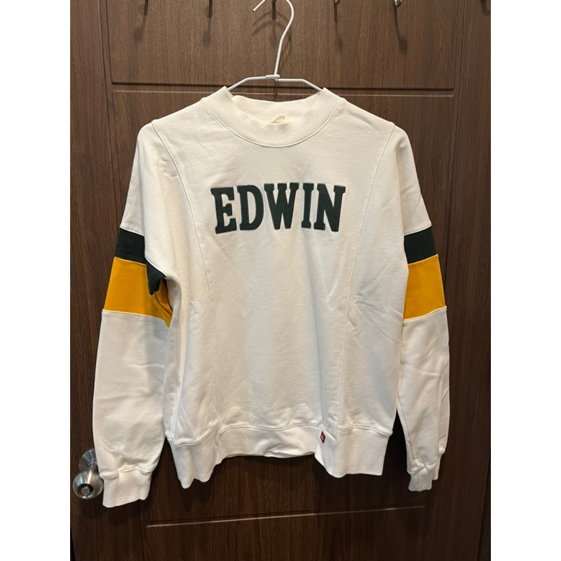 EDWIN 厚長袖T恤-女款白色拼接上衣