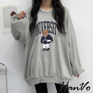 【HanVo】美式籃球小熊寬鬆長版T 刷毛加厚保暖系列 韓系女裝 女生衣著 1999