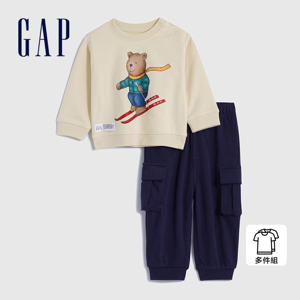 Gap 嬰兒裝 Logo小熊印花圓領長袖長褲家居套裝-奶油白(855731)