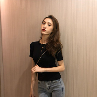 現貨臺灣出💖Small Puzi 韓版圓領基礎款短袖T恤復古純色簡約顯瘦上衣 短袖上衣 短袖t恤 短版上衣