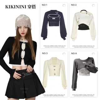 【kikinini】韓版假兩件長袖上衣女 短版上衣 辣妹上衣 秋冬上衣 性感上衣 緊身上衣 平口上衣 顯瘦上衣 低胸上衣