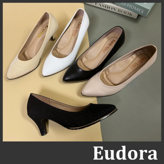 【Eudora】MIT台灣製 尖頭高跟鞋 面試鞋 OL上班鞋 包鞋 高跟鞋 尖頭跟鞋 金邊黑色 細跟高跟中跟 皮鞋 跟鞋