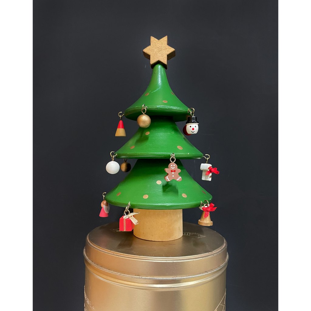 精緻全實木桌上型聖誕樹加金色鐵罐
