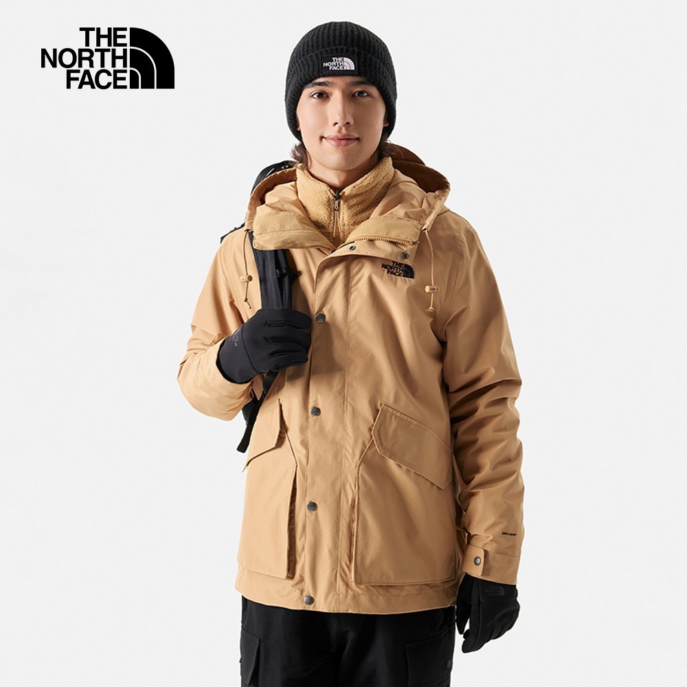 The North Face北面 北臉 男款卡其色防水透氣保暖連帽三合一外套 衝鋒衣保暖外套