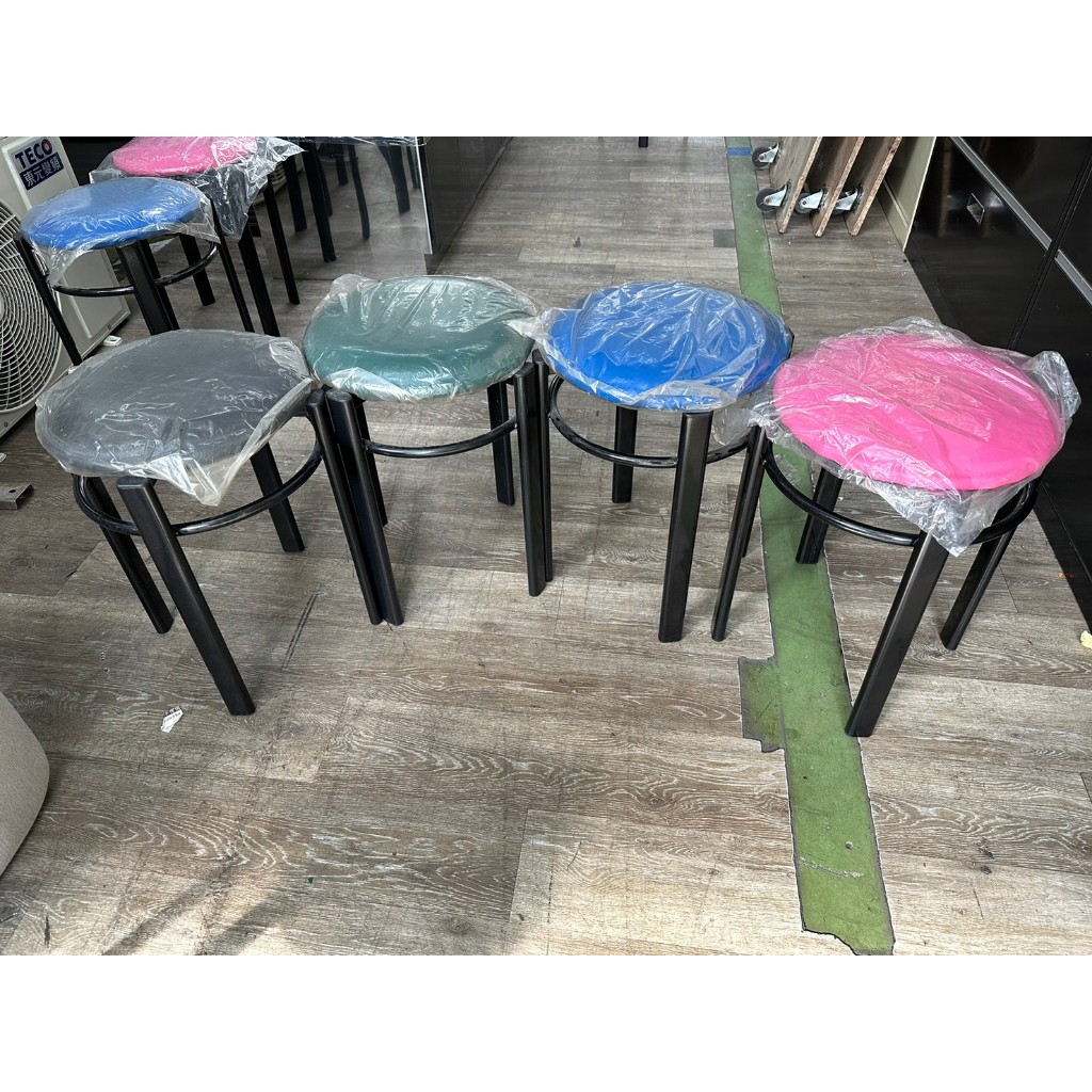 吉田二手傢俱❤全新皮墊圓椅凳 扁管椅 餐椅 圓凳 小吃椅 椅凳 圓椅 黑色 藍色 粉色 墨綠