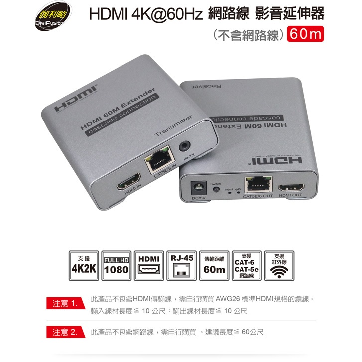 伽利略 HDMI 4K@60Hz 網路線 影音延伸器 60m (不含網路線) (H2E60S)