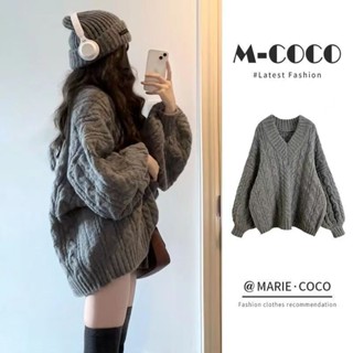 S-3XL 大尺碼毛衣 V領加厚麻花毛衣女秋冬寬鬆外穿慵懶風設計感小眾保暖針織衫上衣