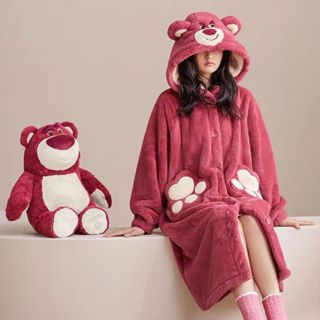 冬天睡衣 睡袍 家居服 女生睡衣 居家服 迪士尼熊抱哥睡袍冬天保暖絨毛睡衣 長袖毛毛睡衣法蘭絨連身大尺碼
