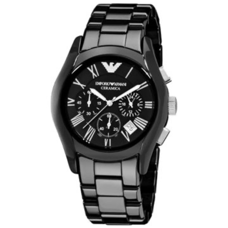 (二手9.5成新） Armani 黑色陶瓷三眼計時腕錶(AR1400)x43mm