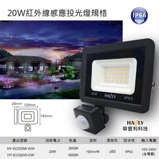 HAFLY 20W/戶外感應投光燈/IP-66 紅外線/投射燈/緊急照明/LED