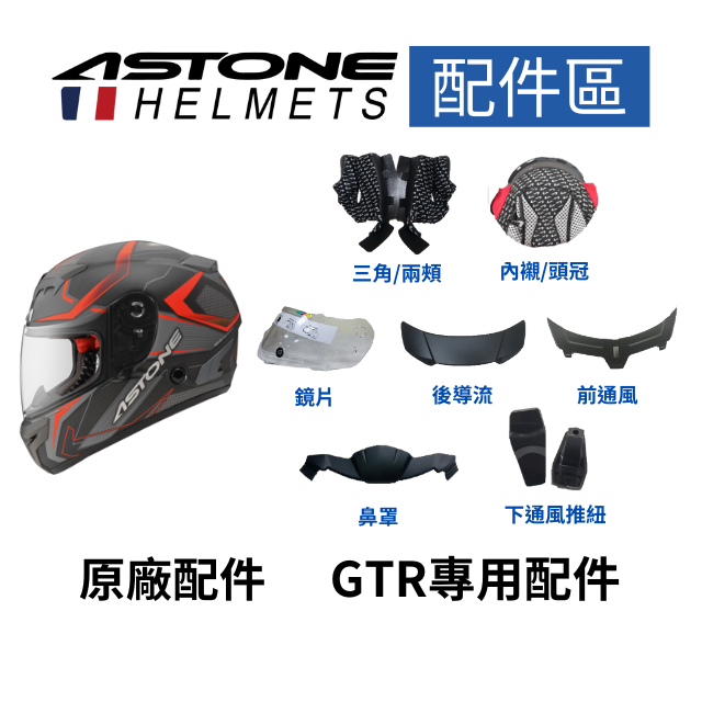 【ASTONE】GTR專用 全罩式安全帽 配件 內襯 三角 鼻罩 後導流 前通風  鏡片 下通風推紐 鏡座