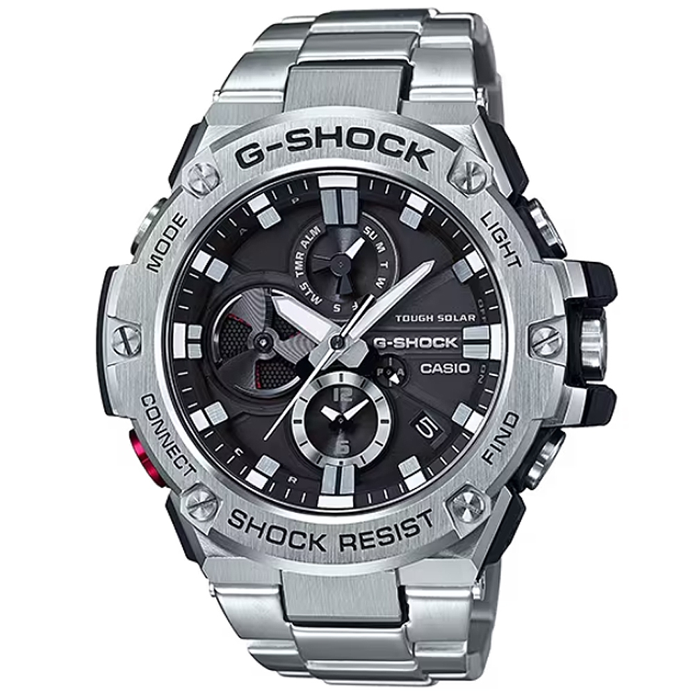 【CASIO】G-SHOCK G-STEEL渦輪葉片錶面設計太陽能藍芽不鏽鋼錶-黑面(GST-B100D-1A)