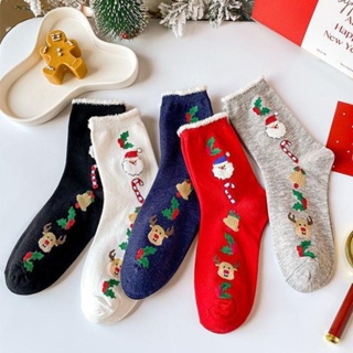 聖誕毛邊中筒襪 聖誕老人襪子 紅襪子 女襪 棉襪
