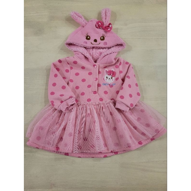 💗二手超值出清！秋冬款 台灣製 女童可愛小兔連帽點點蝴蝶結蕾絲裙長袖洋裝 甜美粉 85cm