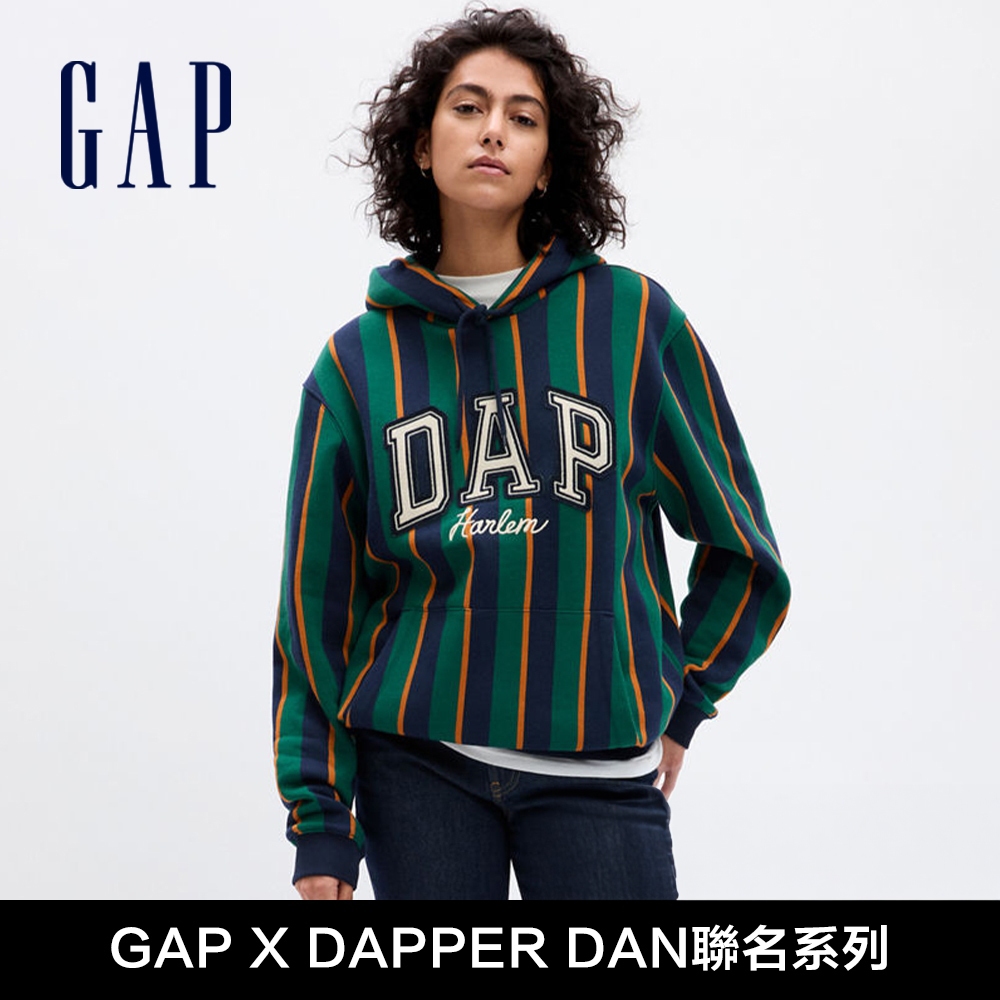 Gap 男女同款 Gap x DAP聯名 Logo刷毛帽T-綠色條紋(838149)