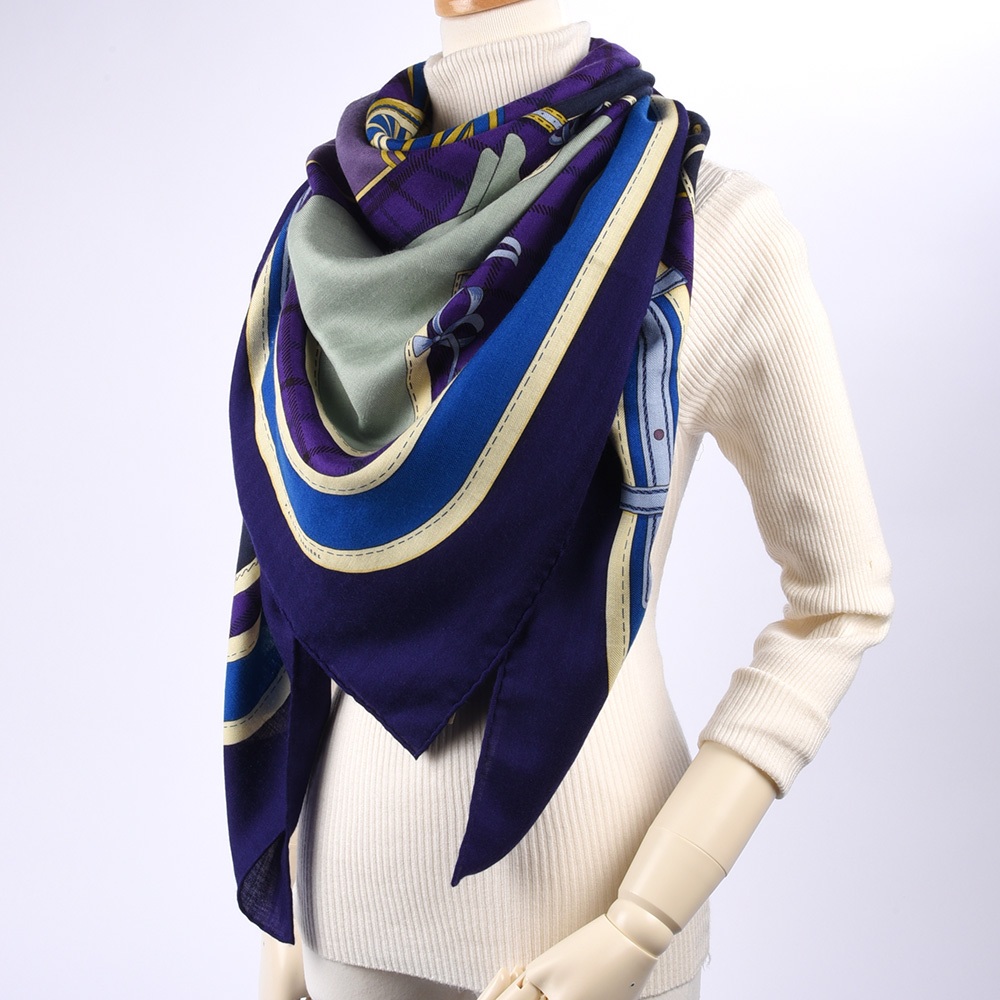 HERMES Camails彩繪馬罩羊絨混絲披肩圍巾140cm(藍紫)370070